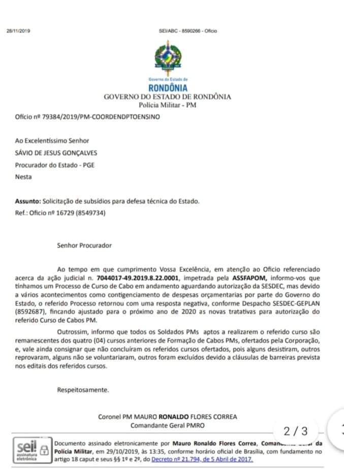Comandante da PM se manifesta no processo da ASSFAPOM referente ao início do curso de Cabos Comandante da PM se manifesta no processo da ASSFAPOM referente ao início do curso de Cabos