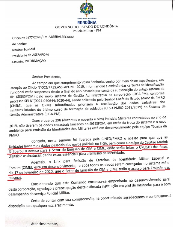 Comando da PM responde ofício da ASSFAPOM sobre expedição de Carteira de Identidade Funcional Comando da PM responde ofício da ASSFAPOM sobre expedição de Carteira de Identidade Funcional