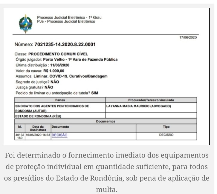 Justiça determina que Estado de RO forneça EPIs e realize testes de COVID-19 em servidores do Sistema Penitenciário e Socioeducativo Justiça determina que Estado de RO forneça EPIs e realize testes de COVID-19 em servidores do Sistema Penitenciário e Socioeducativo