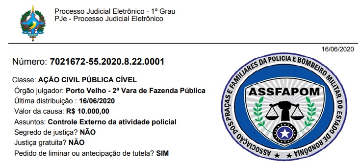 ASSFAPOM PROTOCOLA AÇÃO JUDICIAL QUE VISA SUSPENDER A CONFECÇÃO DO TCO PELA POLÍCIA MILITAR DE RONDÔNIA ASSFAPOM PROTOCOLA AÇÃO JUDICIAL QUE VISA SUSPENDER A CONFECÇÃO DO TCO PELA POLÍCIA MILITAR DE RONDÔNIA