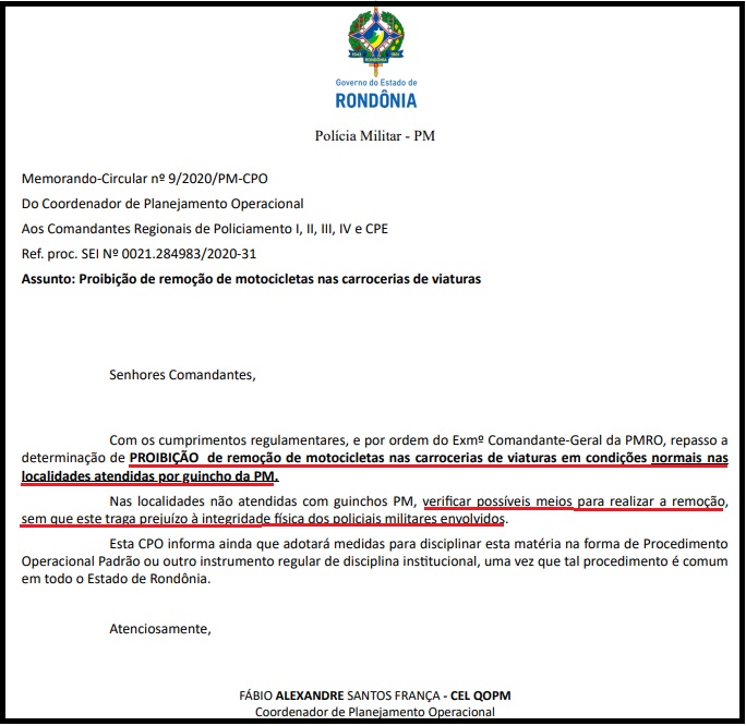 Após denúncia da ASSFAPOM sobre a falta de guinchos, PM proíbe a remoção de motocicletas nas carrocerias de viaturas Após denúncia da ASSFAPOM sobre a falta de guinchos, PM proíbe a remoção de motocicletas nas carrocerias de viaturas